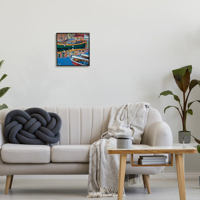 Bateaux dans la réflexion de l'eau, peinture sur bois encadrée
