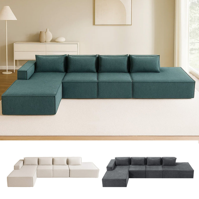 Canapé en chenille 4 pièces sans assemblage requis, Chenille verte, H 27,6 po x l 146,1 po x P 70,9 po, Orienté à droite
