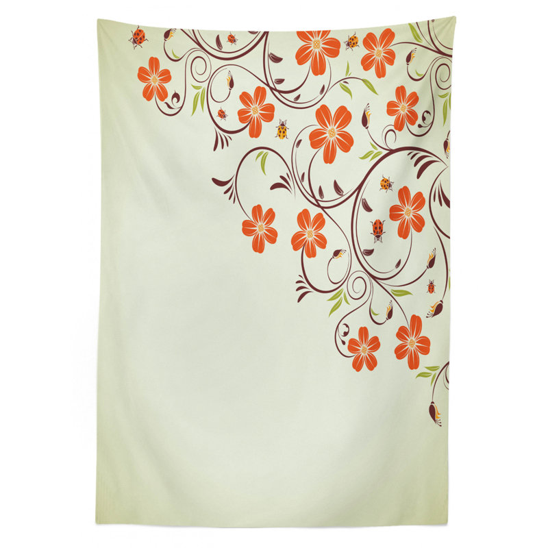 Ladybugs Tablecloth, Flower Frame With Tiny Little Ladybugs And Swirl Branches Springtime Theme, Rectangular Table Cover For Dining Room Kitchen Decor, 52" X 70", Pale Green Red