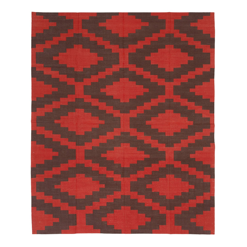 Brown & Red Geometric Flatweave Cotton Rug, Rectangle 7'10" x 9'10"