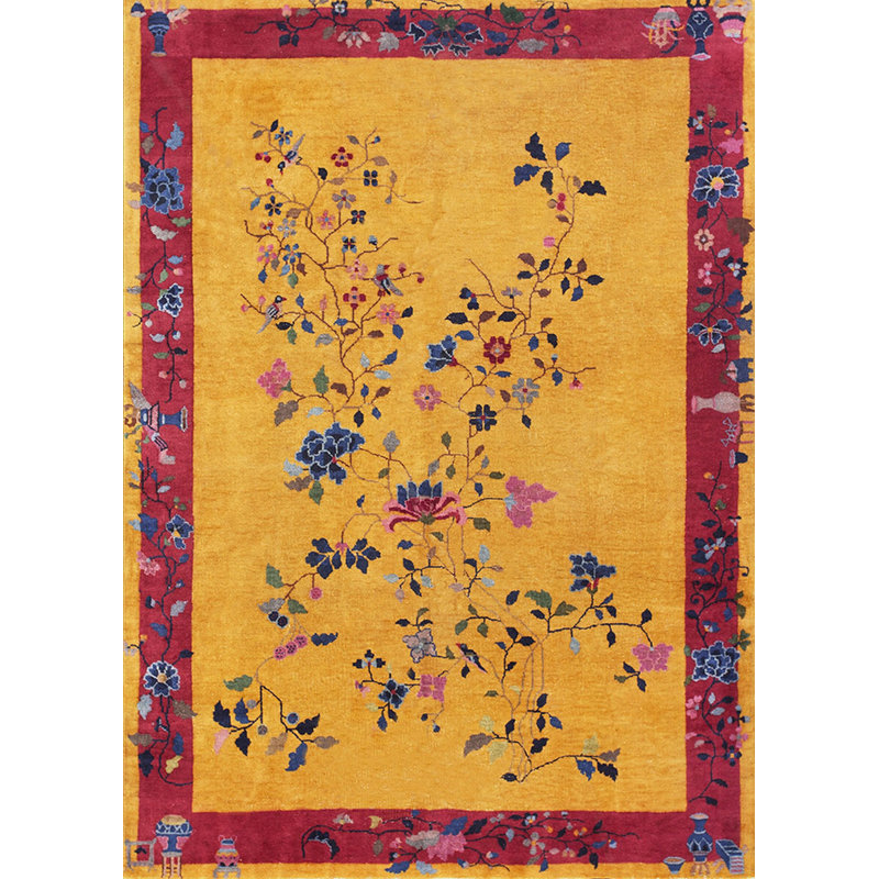 Hand Knotted Pile Floral 1920s Rectangle Wool Yellow / Gold Orange Antique Rug