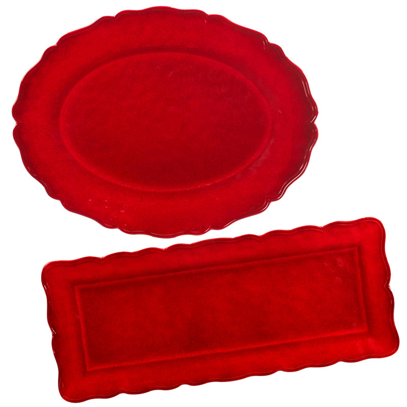 Ensemble de plateaux en mélamine rouge craquelé 2 pièces - Rectangle 19 po x 8 ovales 18 po x 13,5 po