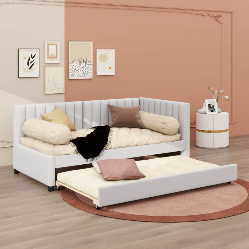 Upholstered Daybed with Trundle Sofa Bed Frame, Beige, Twin