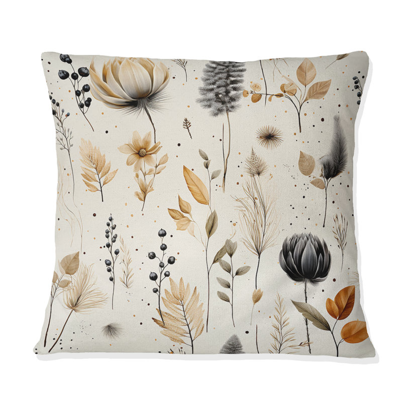 Coussin décoratif en polyester à motif floral gris et beige, H 18 po x l 18 po