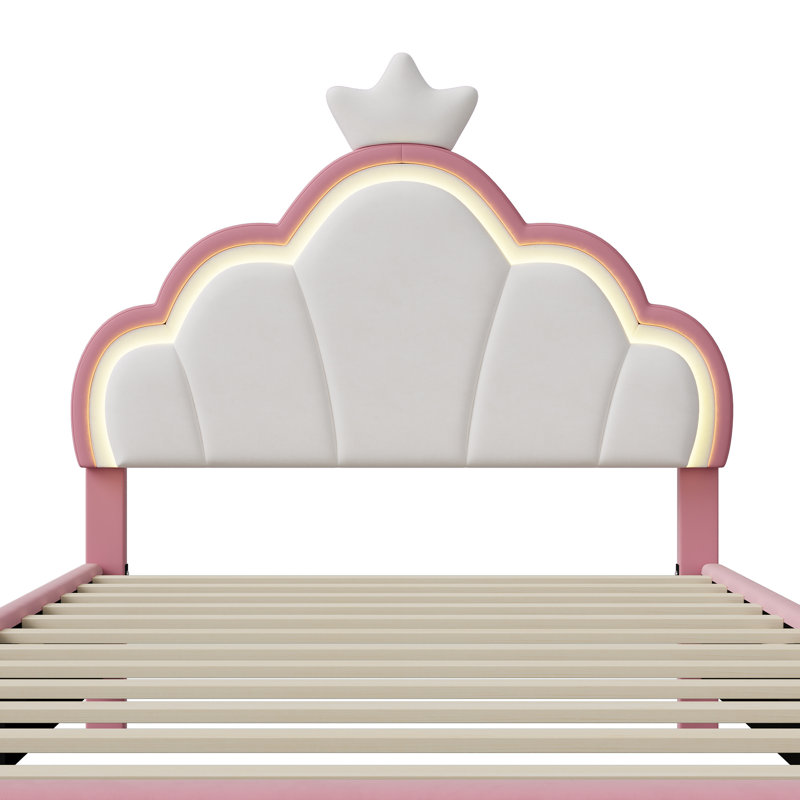 Acamas Pink Princess Single Bed Frame with LED Lights for Girls, Velvet Upholstered Kids Bed with Crown Shape Headboard, Height Adjustable Children's Youth Bed with Solid Wood Slats