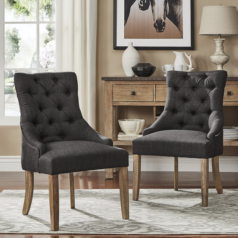 Dukinfield Upholstered Side Chair, Heathered Dark Grey Linen, Rustic Natural