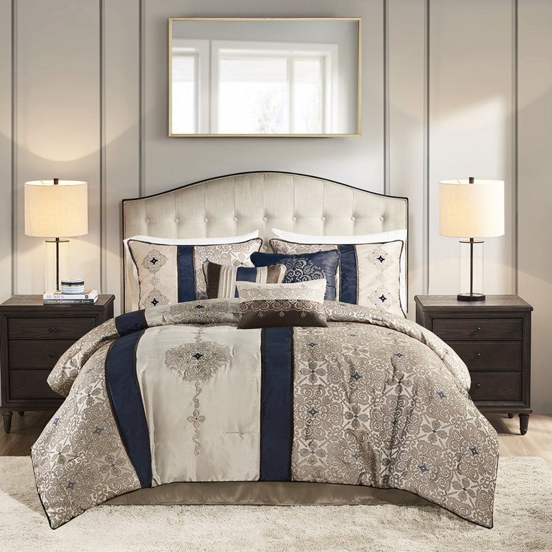 Très grand lit 7 pièces - Édredon bleu marine avec 3 coussins, Marine