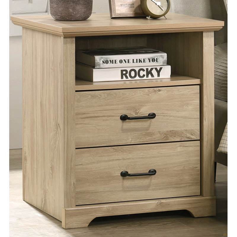 22"W 2-Drawer Nightstand Bedside Table With USB Charging  Ports, Light Oak