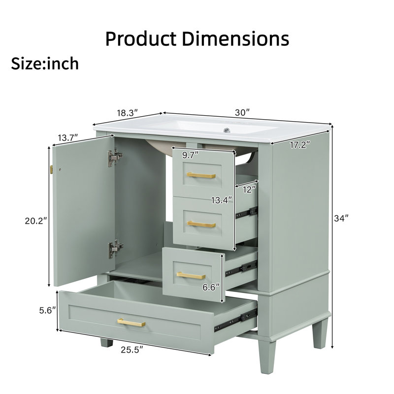 [Ensemble de meuble-lavabo moderne [30 "vert] Ensemble lavabo | Porte à fermeture en douceur et 3 tiroirs | Structure en bois massif | Armoire de rangement compacte pour salle de bain