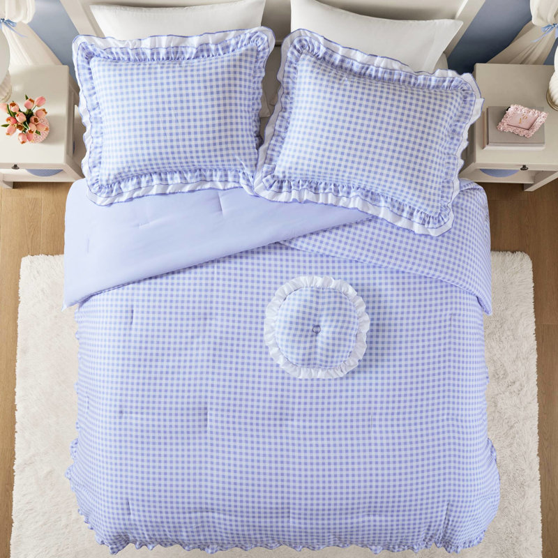 4 - Piece Comforter , Pattern, Double Ruffle Edge, Matching White Pillow, Brushed Microfiber , Soft Second Layer, Round Machine Washable