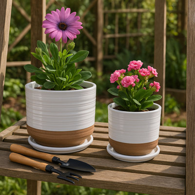 Decorative Round Indoor Planter With Saucer For Home Decor - Stylish Textured Flower Pot For Outdoor Patio Or Living Room Decor - Set Of 2, 6",  8"
