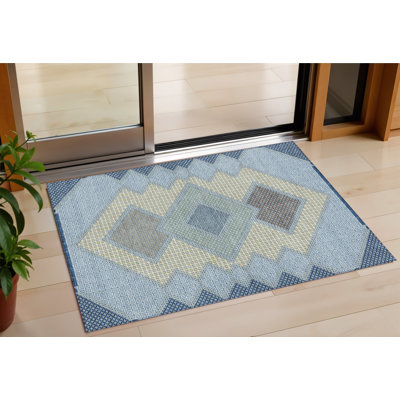 Tapis intérieur / extérieur 3 pi x 5 pi bleu à motif géométrique gris et brun