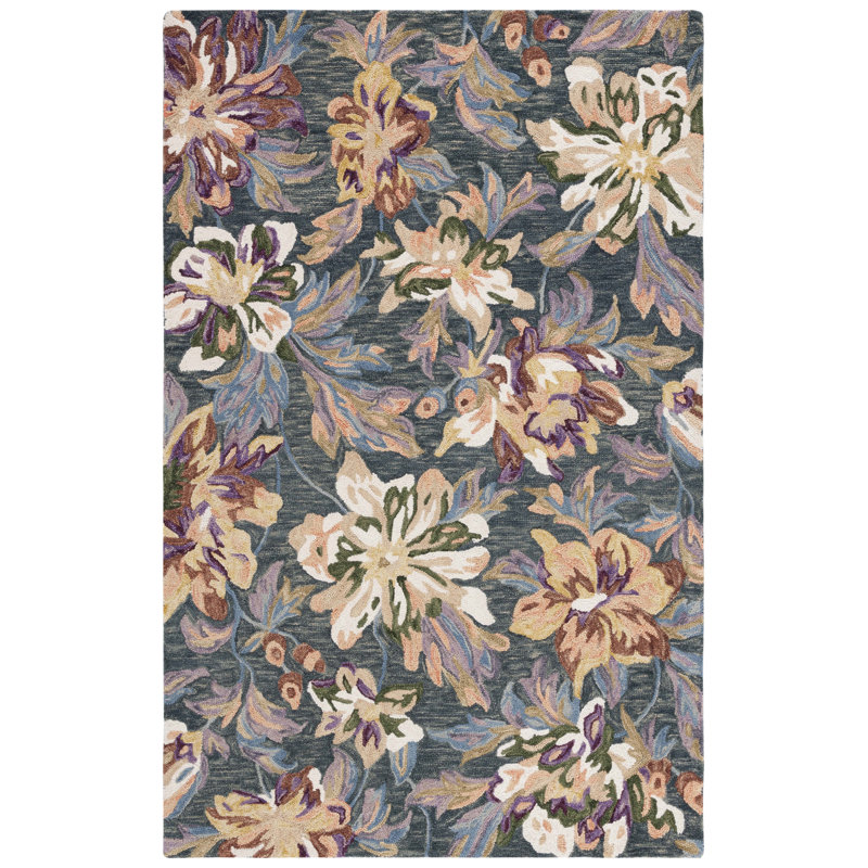 Kannin Hand Tufted Wool/Cotton Floral Rug in Gray/Violet, Rectangle 5' x 8'