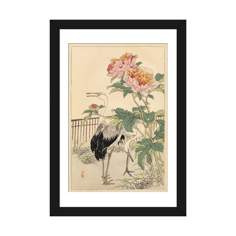 «Crane and Peony», reproduction d'art sur toile, H 24 po x l 16 po x P 1 po, Papier d'art encadré noir, Blanc