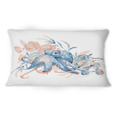 Blue Octopus With Pink Flowers - Nautical & Coastal Printed Throw Pillow 1 -  Design Art, CU39521-12-20