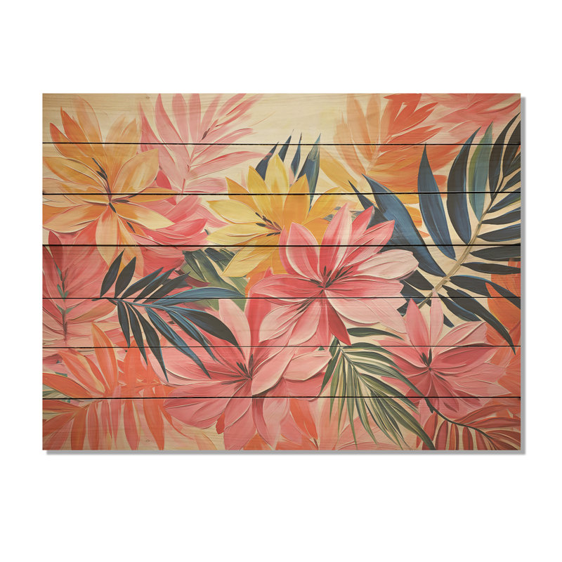 «Pink Floral Tropical Jungle» par Matisse I - impression florale sur bois, H 10 po x l 20 po x P 0,78 po