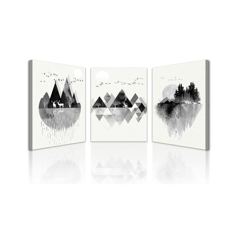 3 Piece Wrapped Canvas Print, Black
