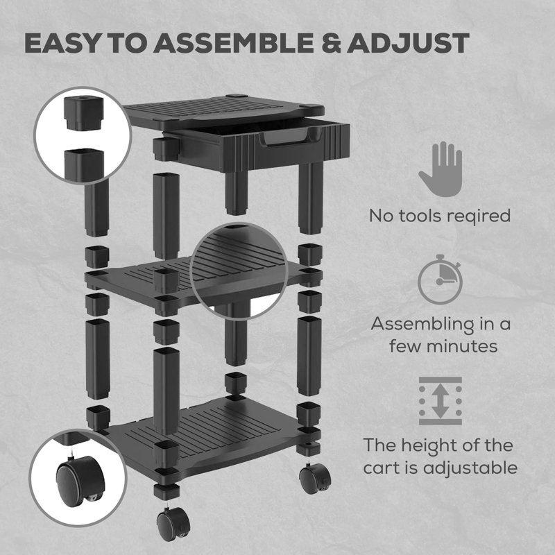 Black Rolling Printer Cart with Storage and Cable Management