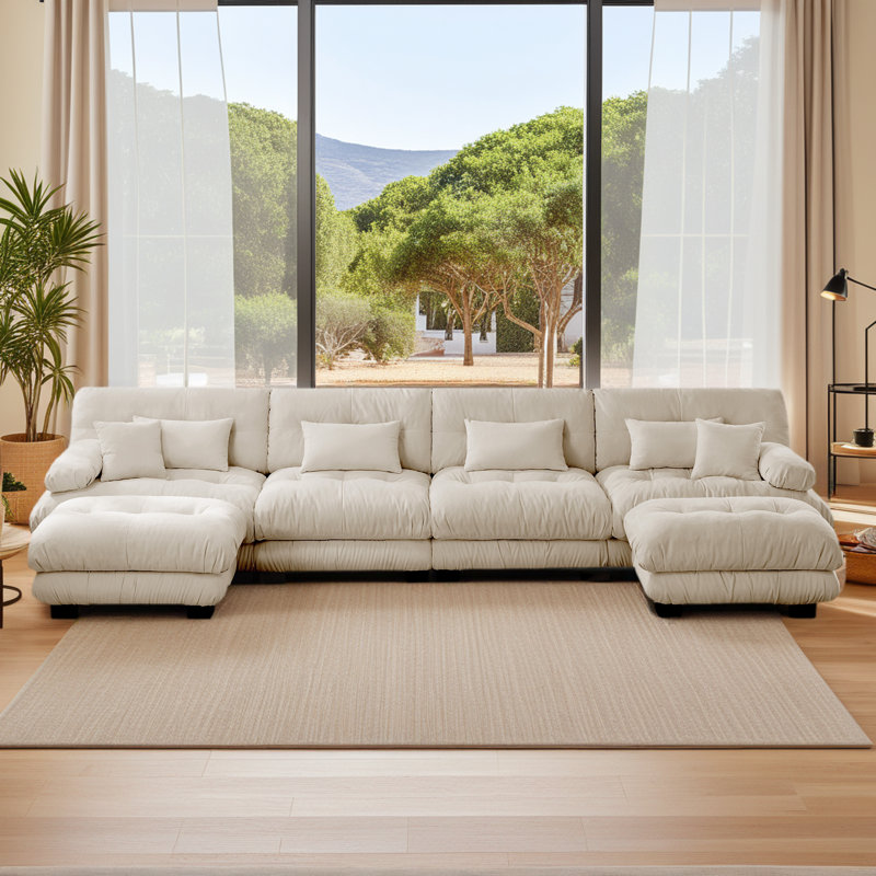 Canapé modulaire 4 places en chenille café clair avec 2 repose-pieds, 4 coussins lombaires et 2 coussins décoratifs pour petits espaces