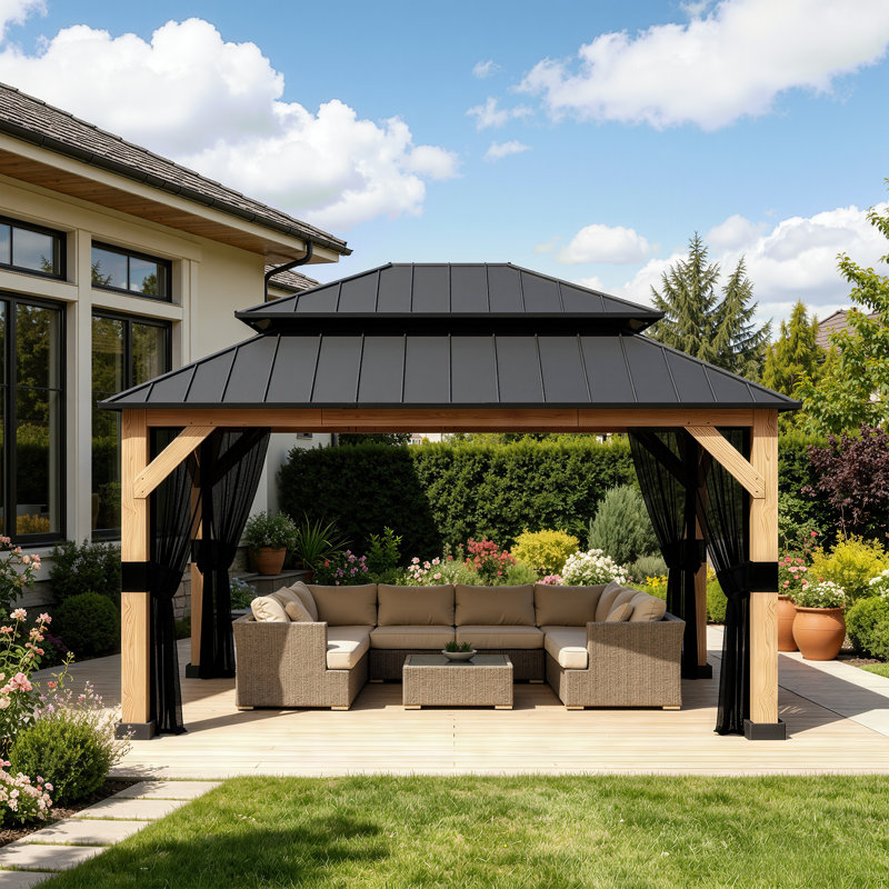 13 Ft. W x 11 Ft. D Solid Wood Patio Gazebo With Mosquito Netting