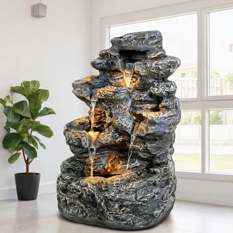 Tiered Concrete Outdoor Fountain, 5-Tier Column Water Feature with LED Lights, Cool Gray Slim Compact Accent for Patio or Garden