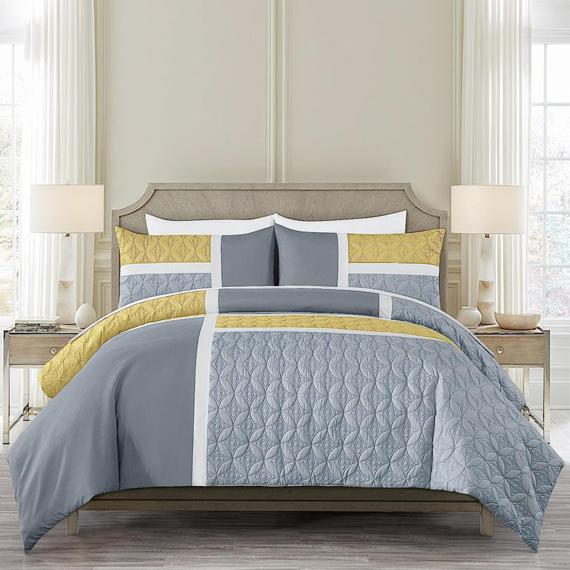 7-Piece Patchwork Bed in a Bag Comforter Set with Sheets, King Comforter + 6 Additional Pieces, Yellow/Gray