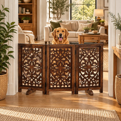 4-Panel Freestanding Foldable Wooden Dog Gate