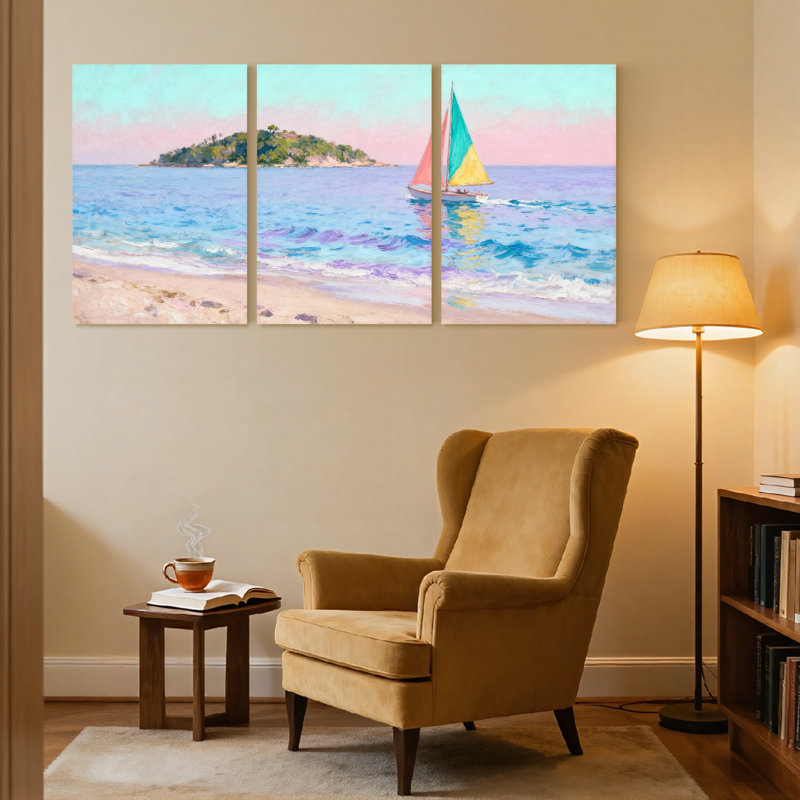 Plage, plage, voilier, île, ciel, eau, sable, vagues, coucher de soleil, ensemble de 3 impressions sur toile