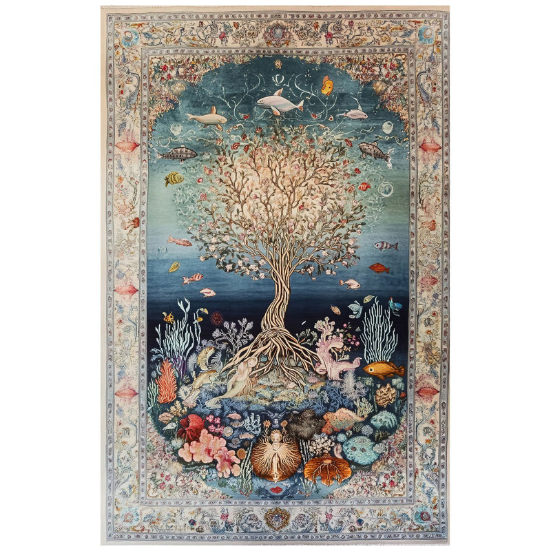 Nora Art Night Colors Underwater World Multi-Colored Woven Base Decorative Living Room Rug, Runner 3'9.81" x 9'10.11"
