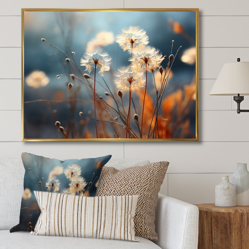 Dandelion Whispers of Spring - Pissenlit, art mural, Cadre flottant doré, H 24 po x l 32 po x P 1 po