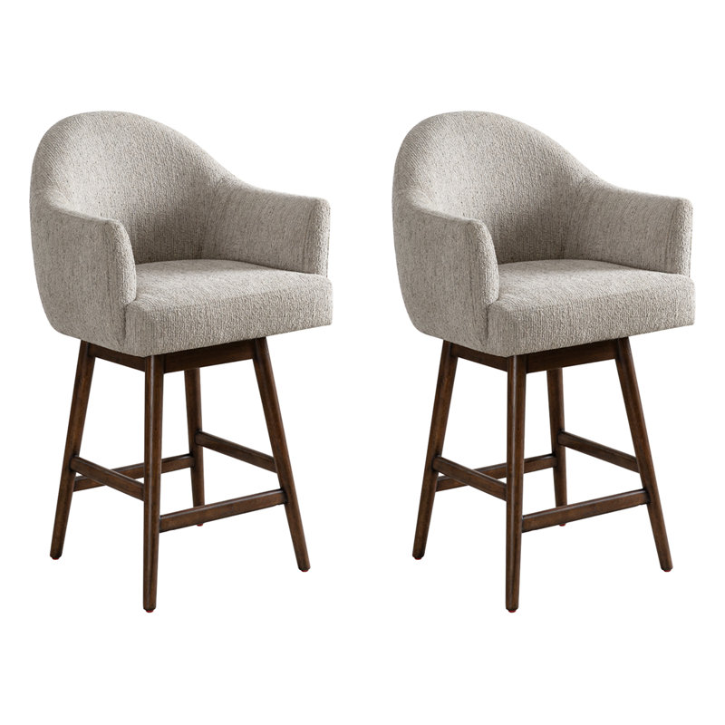 Tabouret de bar pivotant rembourré en bois massif avec siège en tissu Wasserman, Chêne brun, 2
