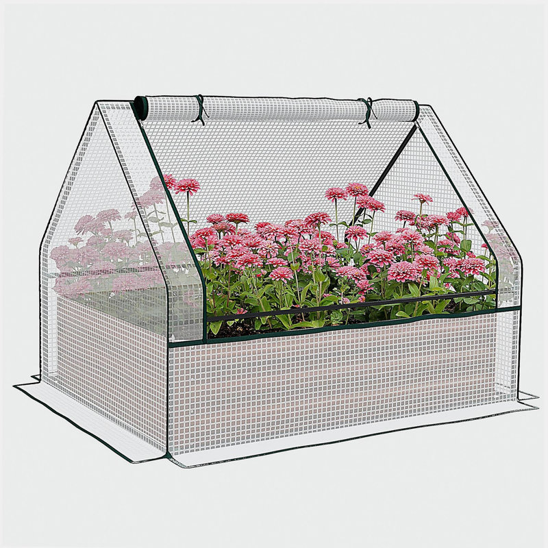 Outsunny Raised Garden Bed with Mini Greenhouse, Galvanized Outdoor Planter Box with Cover, for Herbs and Vegetables, Use for Patio, Garden, Balcony, White Cover and Brown Planter