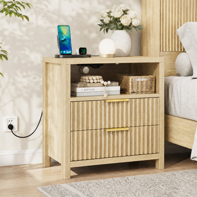 Table de chevet moderne en bois avec 2 tiroirs, station de recharge et tablette ouverte, 58 cm de largeur