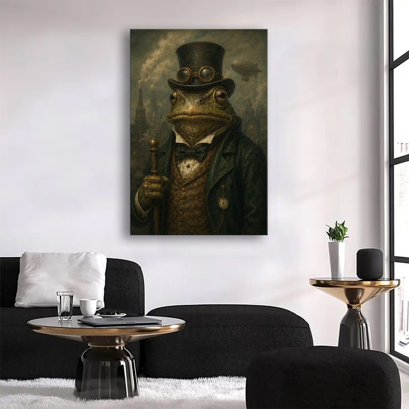 Tableau sur toile représentant un corbeau aviateur steampunk avec lunettes et fond d'engrenages d'horlogerie vintage