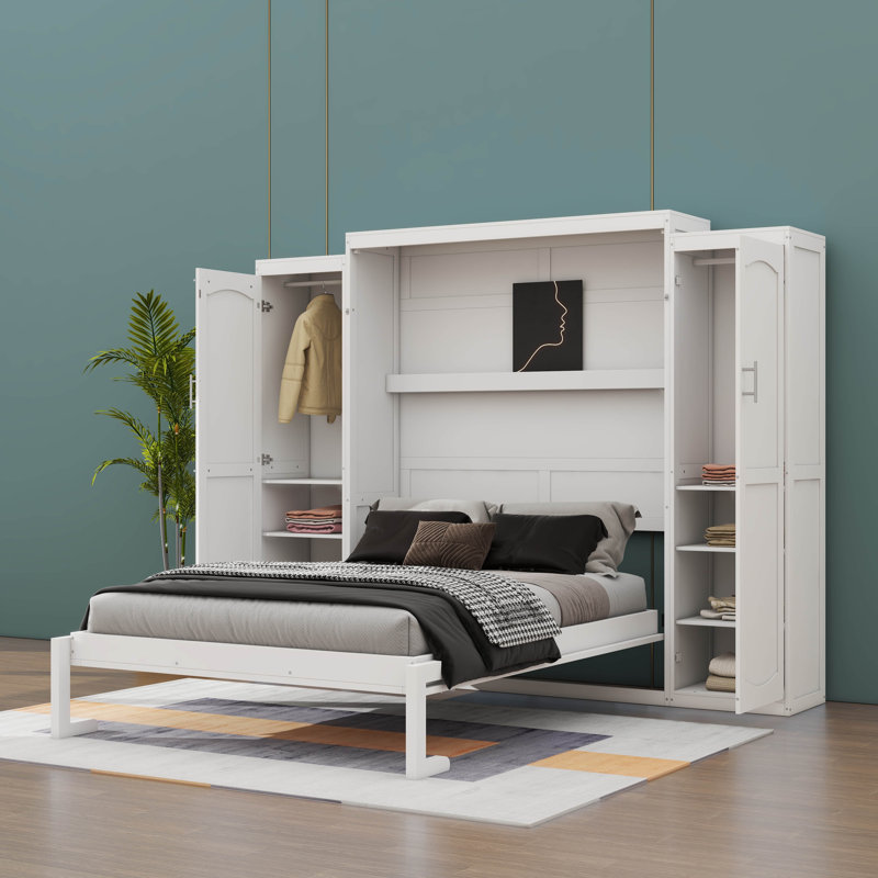 Lit escamotable peu encombrant avec garde-robes doubles et tablette de rangement pratique, Lit double, Blanc