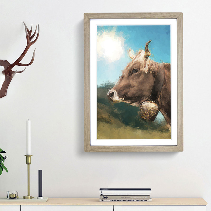 Alpine Cow in the Summertime in Abstract - Picture Frame Painting Print, 87cm H x 62cm W x 2cm D, Oak Framed