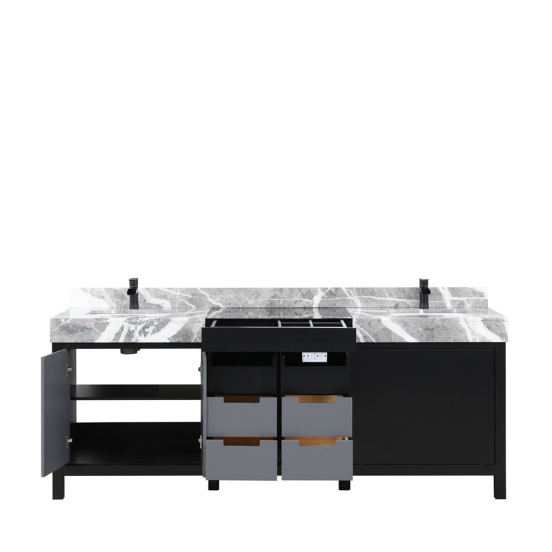 Ensemble de meuble-lavabo double avec plateau en marbre gris château et robinet noir mat