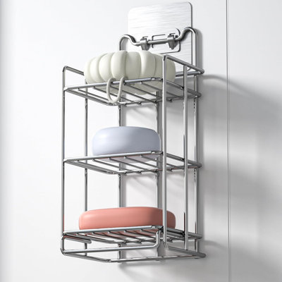 Porte-savon à 3 niveaux en acier inoxydable avec support à éponge, organisateur de salle de bain et de cuisine antirouille, fixation murale ou de comptoir, conception oreilles de chat (argent)