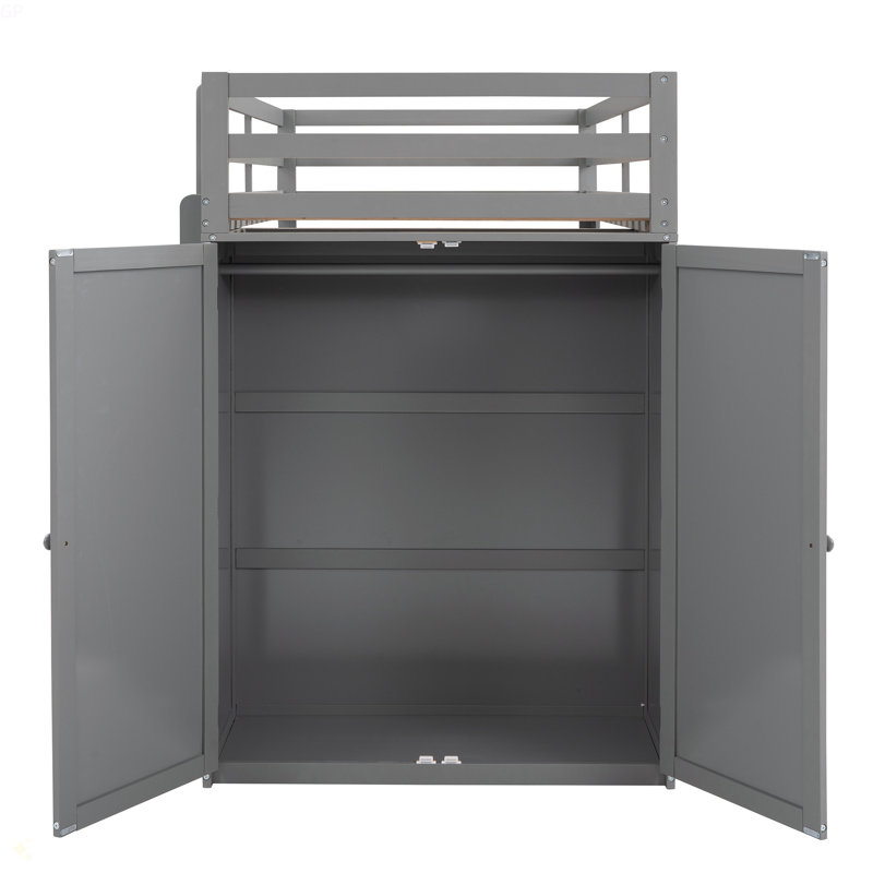 Lit mezzanine avec tiroirs, bureau et garde-robe, Gris, Lit simple