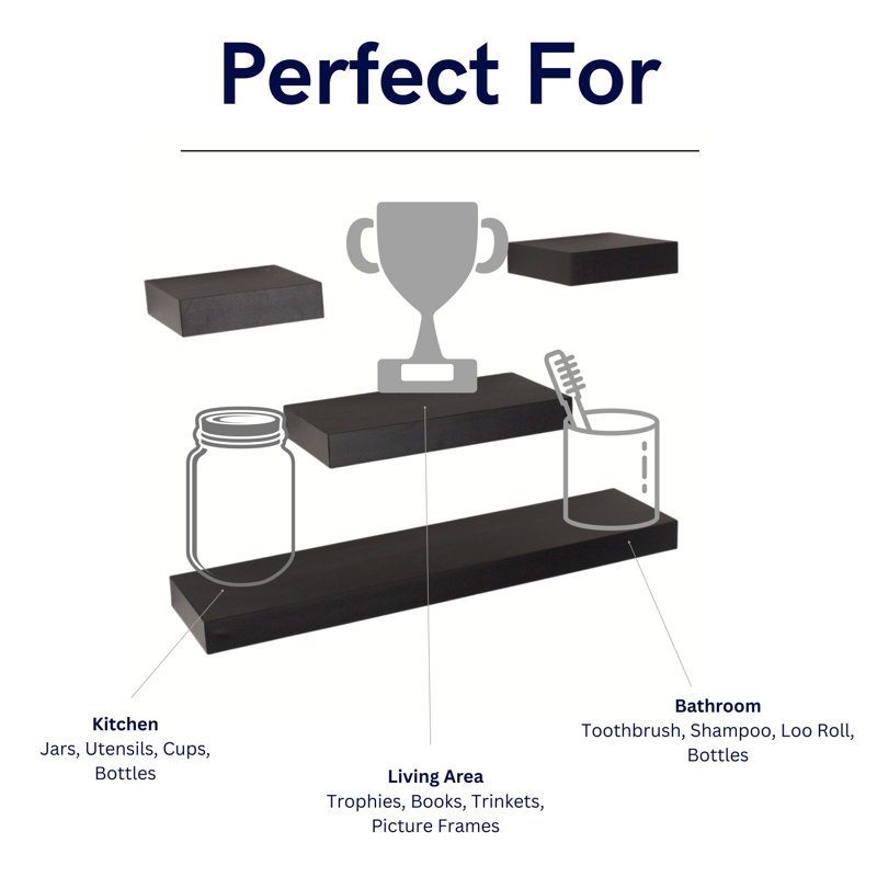 Hudson 4-Piece Floating Wall Shelf Kit, Chunky with Concealed Brackets, Black