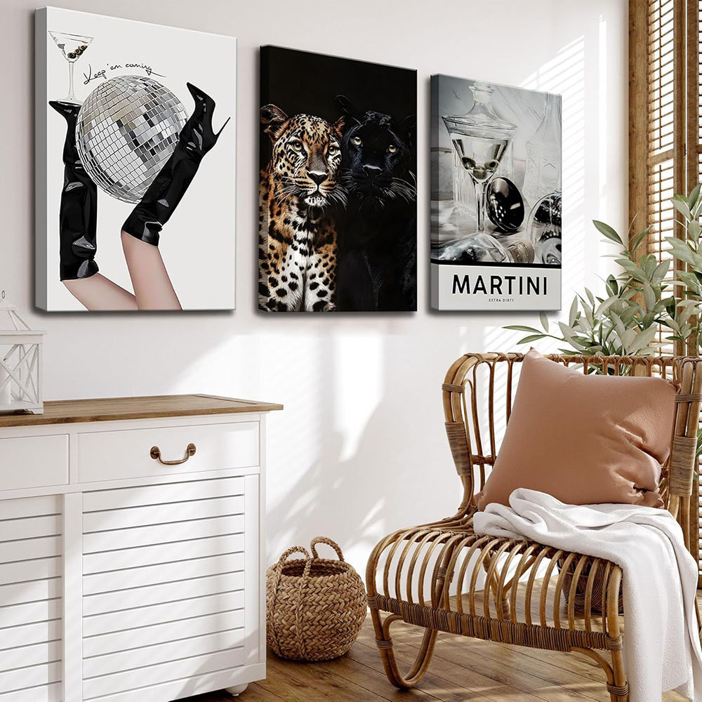 3Pcs Trendy Leopard Canvas Wall Art Funky Black High Heel Disco Ball Wall Decor Pictures Vintage Bar Cart Canvas Posters Prints For Girly Bedroom Livi