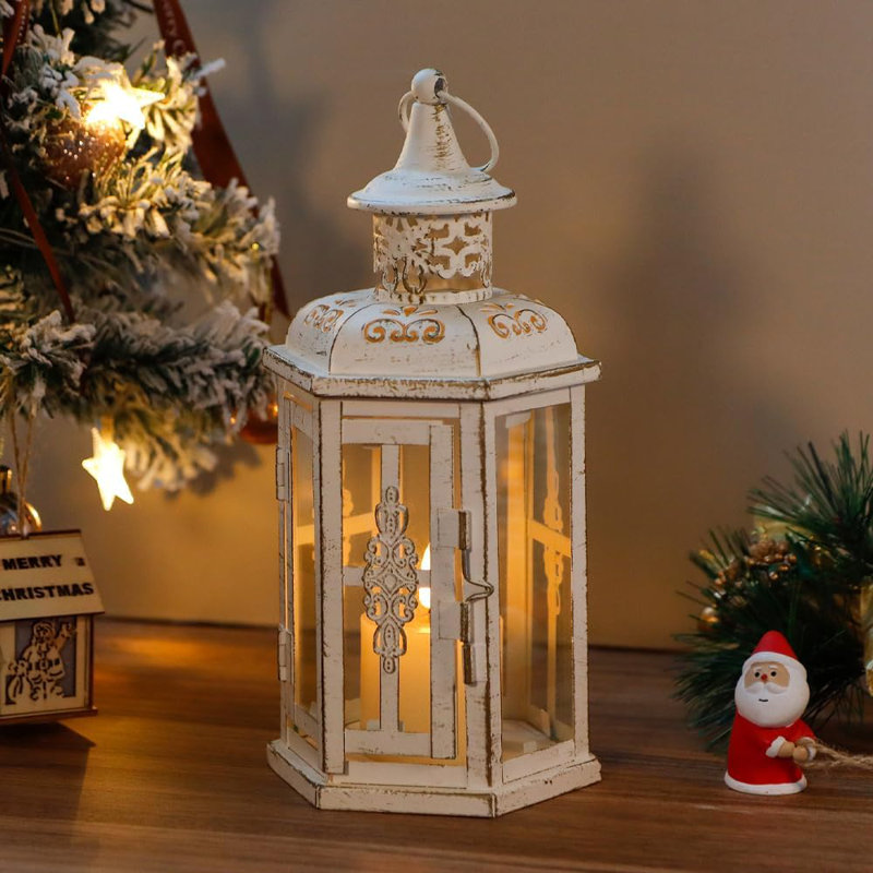 Decorative Candle Lantern-10Inch High Vintage Style Hanging Lantern Metal Candleholder For Indoor Outdoor Events Parities And Weddings (White With Gold Brush)