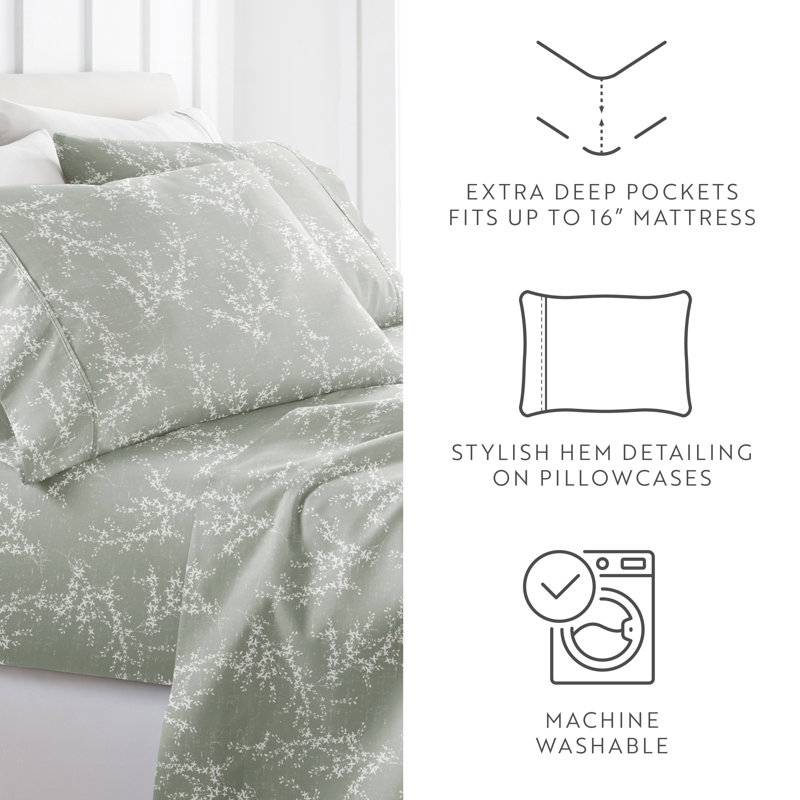 Sheet Set Patterned Microfiber Ultra Soft Bedding, Cal.King Sheet Set with 2 King Pillowcase, Green Mist Floral