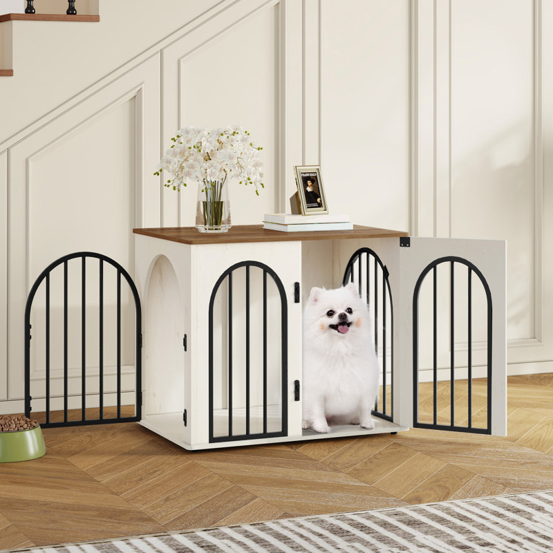 Wooden Dog Crate Furniture TV Stand, Indoor Dog Kennel for Small/Medium/Large Dogs, End Side Table Dogs Crates, Anti-Chew, Anti-Escape, Arched Door Design