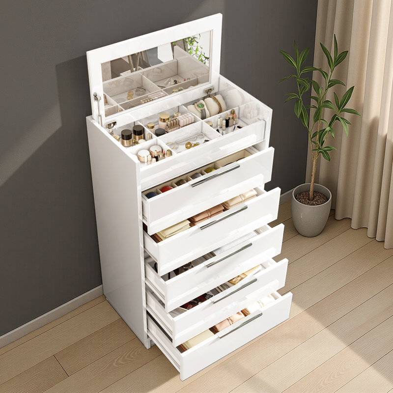 Commode 5 tiroirs avec miroir Highgloss de 50,2 po de hauteur, blanc @Trishia Mae Gurrea, Blanc