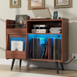 Large Record Player Stand, 350 Vinyl Record Storage Holder with Power Outlet and LED Light