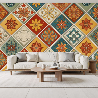 Papier peint adhésif à carreaux géométriques multicolores de style méditerranéen rétro H 69 po x l 96 po amovible, papier peint mural en PVC auto-adhésif pour chambre à coucher, bureau à domicile