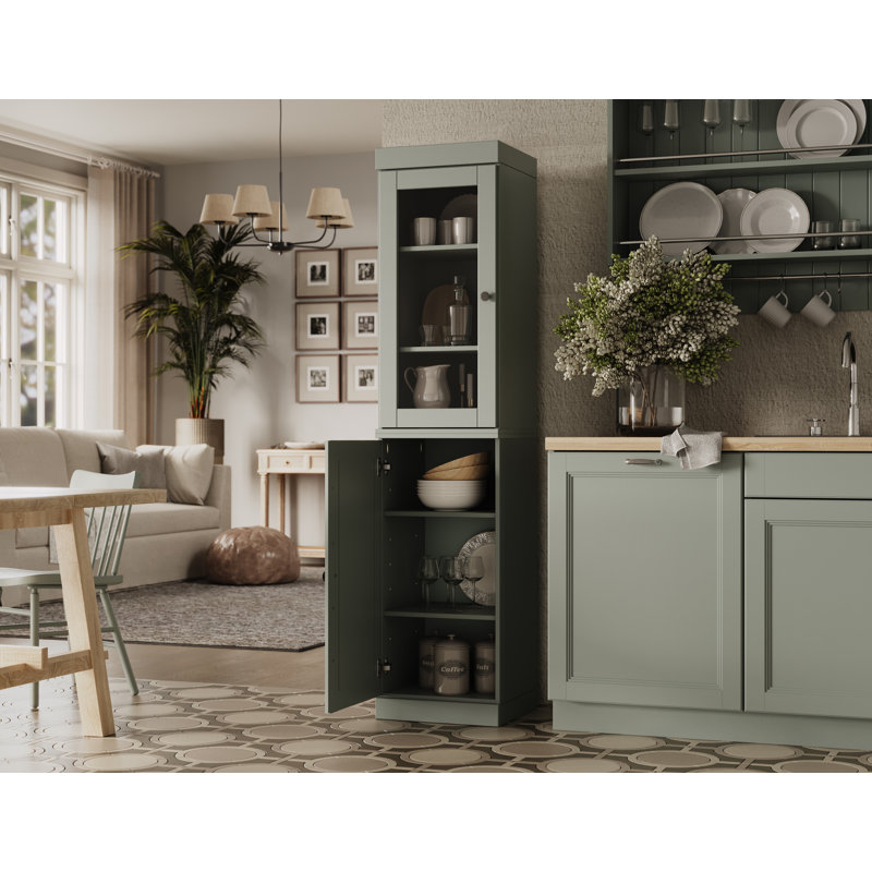 Armoire de rangement de garde-manger 100% en bois massif 16,5 po Jaylena avec portes en verre transparent et tablettes réglables