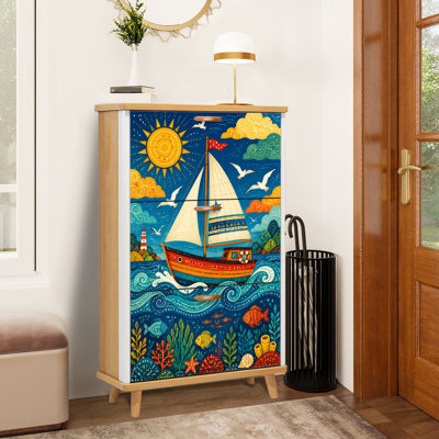 Shoe Storage Cabinet with 3 Flip Drawers for Colorful Sailboat Ocean Waves Marine Life Sunny Sky Shoe Rack Storage Organizer