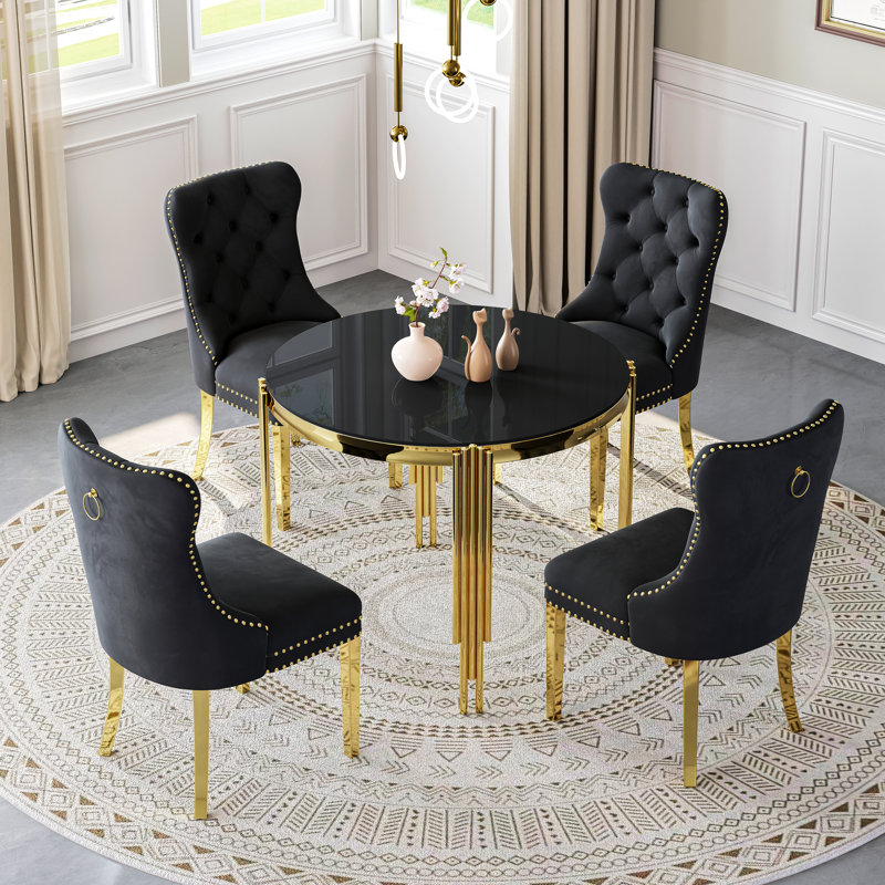 37"Modern Glass Dining Table Set, Irregular Stainless Steel Table Legs And Velvet Tufted Backrest Chairs, Black, Black/Gold